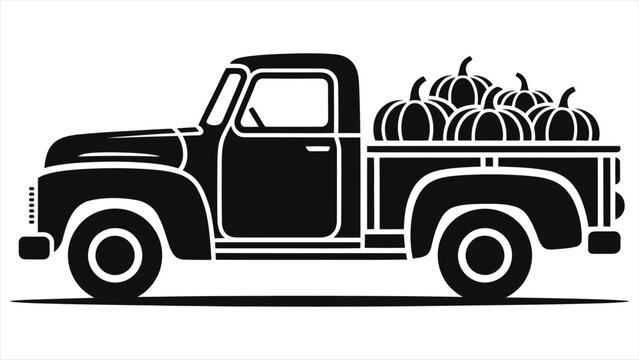 Simplified Vintage Black Silhouette Farm Pickup Truck with Load of Pumpkins for Autumn