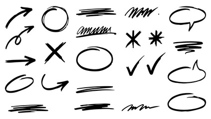 Hand drawn icons, scribble symbols, checkmark and arrow vector set © Mahabur