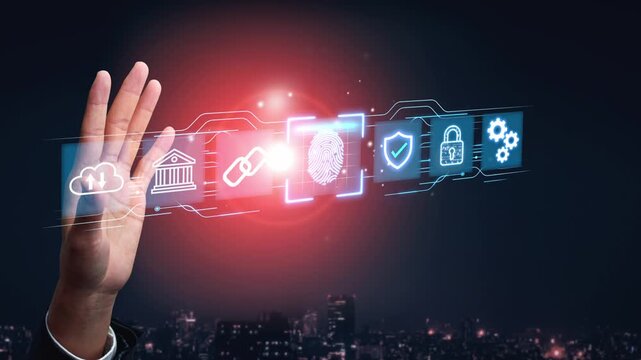 Innovative Digital Fingerprint Technology on Hand Displaying Secure Identity Verification Concepts in Modern Cityscape Background. Entropy.