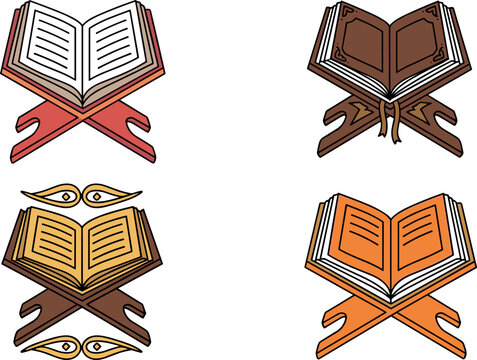 Holy Quran Book Vector Set Featuring Open Holy Scriptures Placed on Traditional Wooden Rehal Stands for Ramadan Mubarak and Eid Celebration Designs