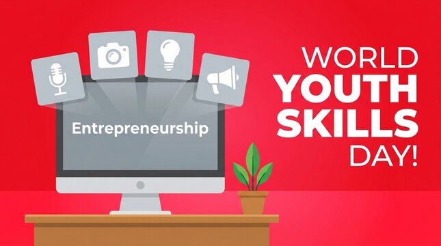 World youth skills day entrepreneurship concept with computer and icons