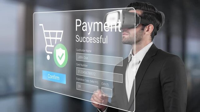 Businessman using virtual reality headset for online payment confirmation with cart interface displaying success message in modern office environment Gluon.