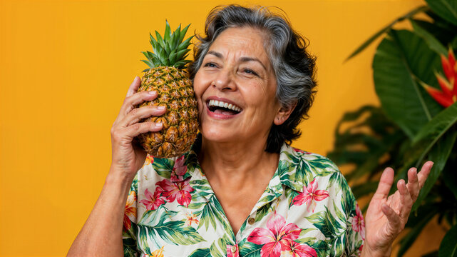 A happy mature female holds a pineapple to her face in a vibrant tropical environment that conveys well-being. Smiling adult woman showing a pineapple.