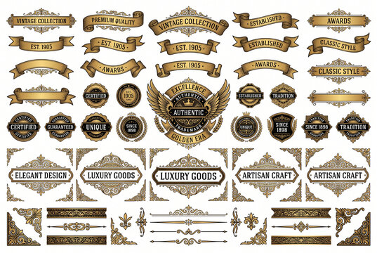 Antique Victorian style typography template with elegant flourishes and royal emblems
