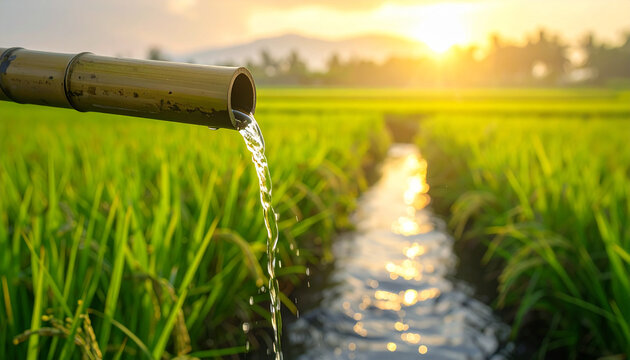 Water irrigates rice field under sunlight with bamboo pipe agricultural concept