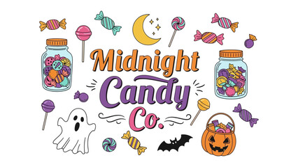 Fototapeta premium Midnight Candy Co. Halloween Collection: A whimsical array of Halloween-themed candies, including lollipops, wrapped sweets, and a candy corn basket, all centered around the Midnight Candy Co. logo.