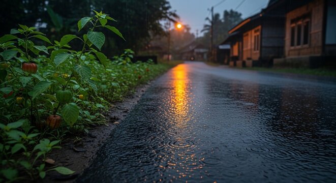 Wet asphalt road reflecting street light during the rain at dusk