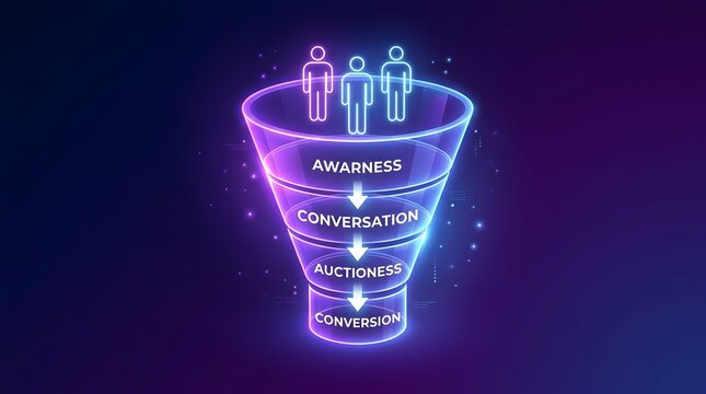 Neon glowing funnel process with three ascending figures and layered stages labeled awareness, consideration, decision, and success, ideal for marketing funnel, customer journey, and business growth