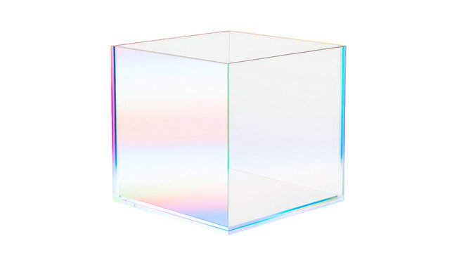 Transparent cube with holographic rainbow edges isolated on white background