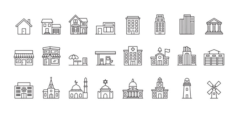 Extensive set of outline icons showing diverse building structures for architecture urban and planning projects.