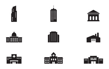 Obraz premium Set of building silhouette icons vector illustration home factory temple mosque church shop school.