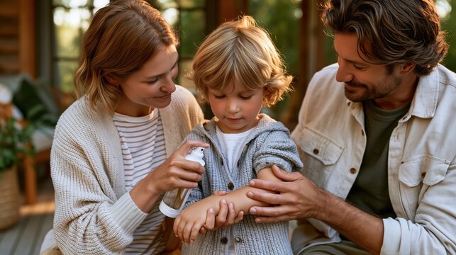 National Mosquito Control Awareness Week:  a family applying mosquito repellent spray on a child's arm before going outdoors, cozy home porch background, soft evening light