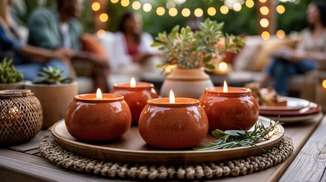 National Mosquito Control Awareness Week:  Close-up realistic photograph of citronella candles burning on an outdoor patio table during a summer evening gathering, warm ambient lighting