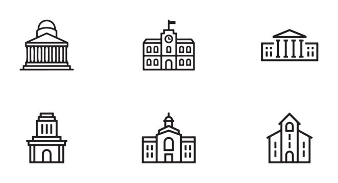 Set of historical government buildings in line art style modern simple design on transparent background.