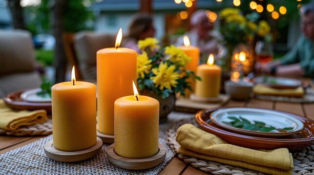 National Mosquito Control Awareness Week:  Close-up realistic photograph of citronella candles burning on an outdoor patio table during a summer evening gathering, warm ambient lighting