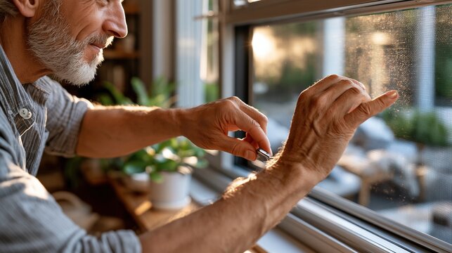 National Mosquito Control Awareness Week: a person installing a mosquito screen on a window at home, hands in focus, soft afternoon light streaming through 