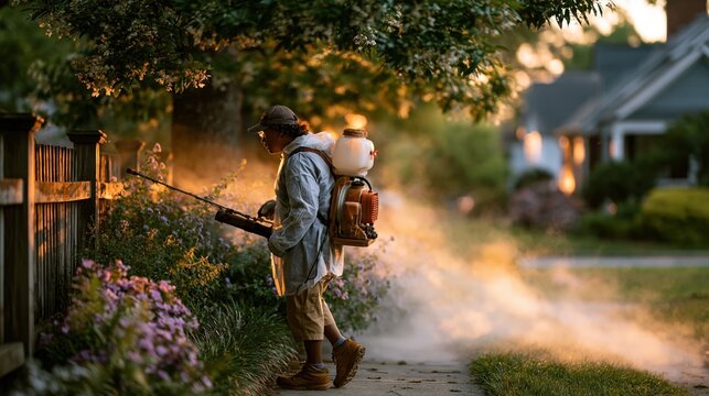 National Mosquito Control Awareness Week:  a public health worker in protective gear spraying mosquito control fogger near a residential neighborhood at dusk