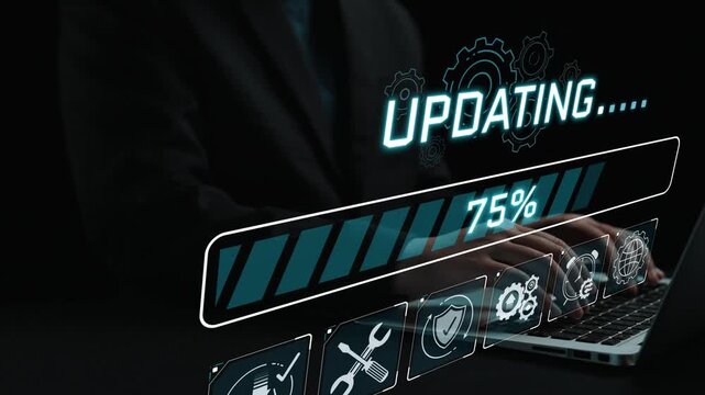Hands on Keyboard with Digital Update Progress Bar Indicating 82 Percent Completion on a Dark Background in a Technology-Themed Workspace Sigmoid