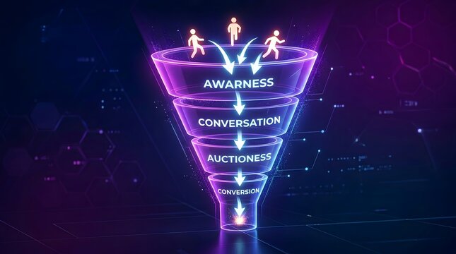 Neon glowing funnel process with three ascending figures and layered stages labeled awareness, consideration, decision, and success, ideal for marketing funnel, customer journey, and business growth