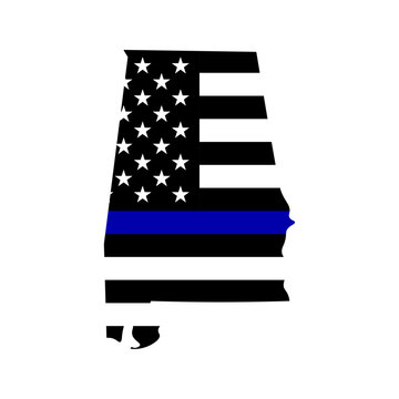 Alabama state silhouette with thin blue line flag