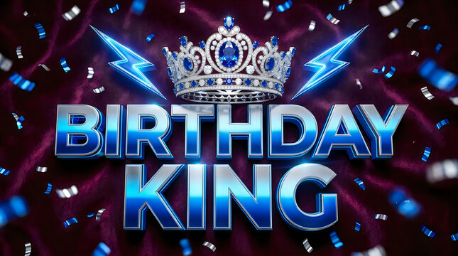 A glittering silver crown adorned with sparkling blue gemstones and diamonds sits above the bold blue words birthday king with lightning bolts.