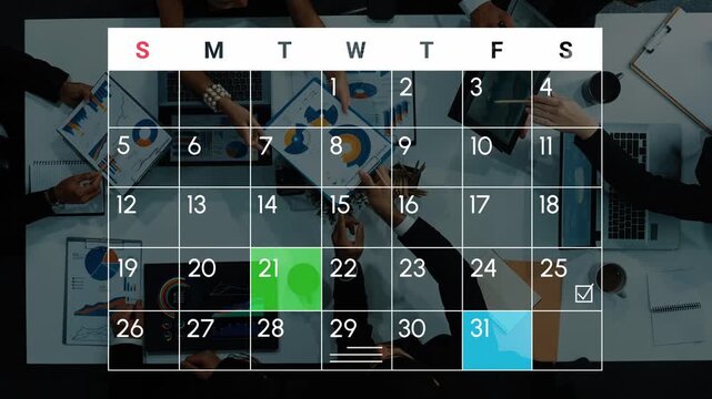 Business meeting calendar layout with charts, graphs, and team collaboration for project planning and progress tracking in office setting. Entropy.