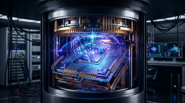 Advanced quantum computer processor inside a metallic cylindrical chamber with glowing blue light and intricate golden circuitry components
