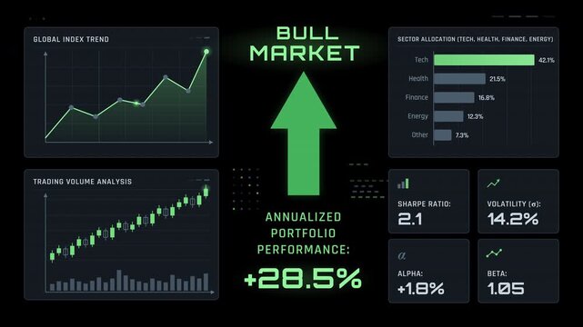 Animation of a financial bull market dashboard interface showing portfolio growth and data visualization on a deep black background