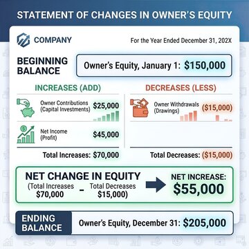 Statement of changes in owner's equity infographic showing increases, decreases, and ending balance.

