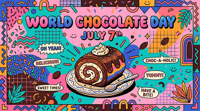 Colorful 90s style graphic illustration for world chocolate day celebration with chocolate celebration colorful nineties abstract confectionery illustration geometric
