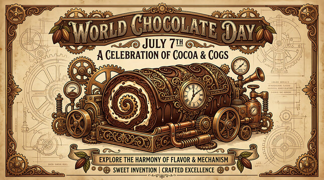 Vintage world chocolate day celebration poster with mechanical clockwork cocoa roll chocolate steampunk mechanical celebration illustration artistic stylized detailed creative