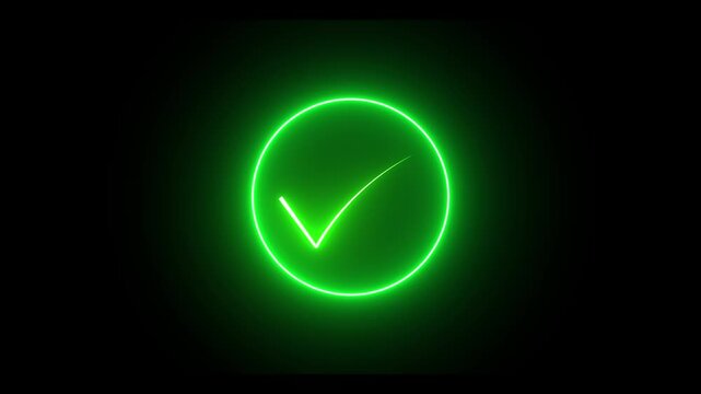 Neon green color checkmark sign icon animation. conform mark on the black background