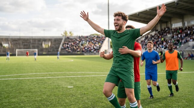 Homens jogando futebol comemorando gol 