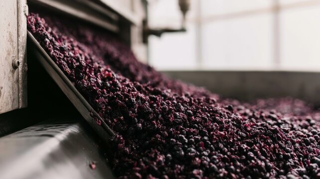 Crushed dark grapes moving through industrial winery machinery, processing pomace for red wine fermentation