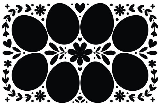 Black and white easter egg border frame with floral design