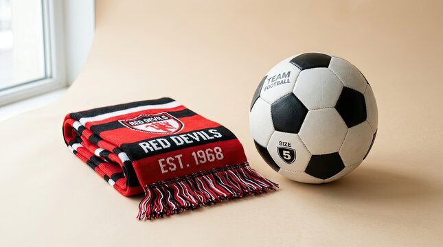 Red devils soccer team scarf and size 5 football