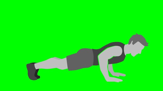 Daily fitness workout, bodybuilding or home strength training concept. Animated loopable man doing traditional push ups. Chroma key green screen with alpha channel.