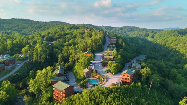 Mountain neighborhood around Gatlinburg, Tennessee with luxury cabins, winding roads and panoramic Smoky Mountain scenery