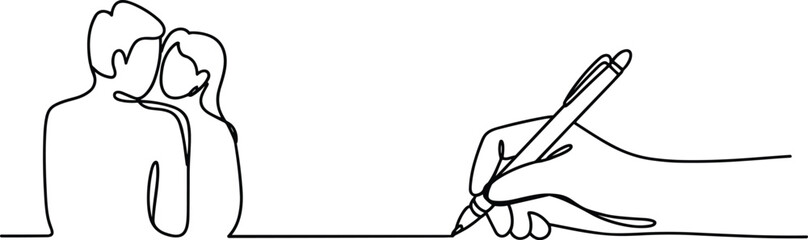 Fototapeta premium Continuous line art of a hand signing a document with a pen near a romantic couple silhouette