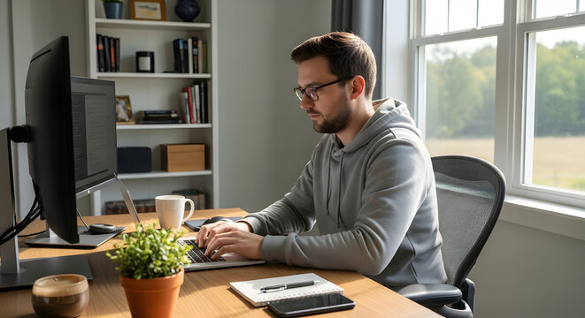 Focused software developer coding on laptop in bright home office studio.