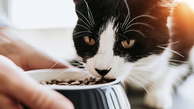 Black and white tuxedo cat eating dry food from a bowl held by human hands, showing pet feeding and nutrition