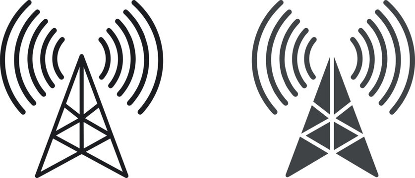 Telecommunication Tower Icon Set with Wireless Signal Waves for 5G Network Mobile Communication Broadcasting Antenna Technology and Internet Connectivity Vector Graphics
