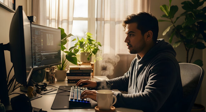 Man typing code on computer in home office by window.