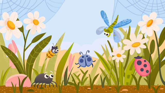 Colorful Vector Illustration Of A Bug Community Among Flowers And Foliage beetle bugs