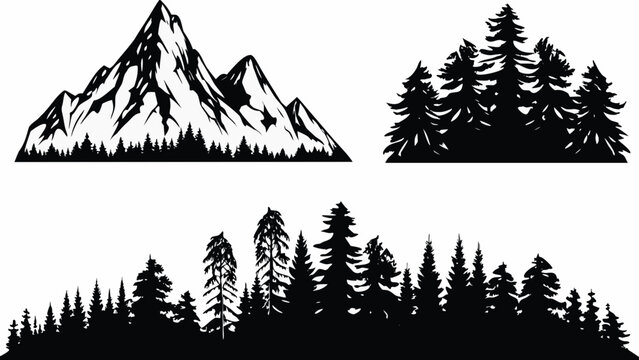 Mountain and forest silhouettes against a white background a monochrome vector illustration alpine