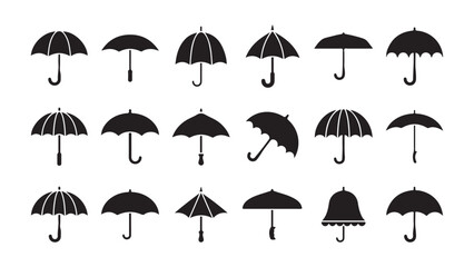Set of various black umbrella icons and silhouettes for weather and protection © MD