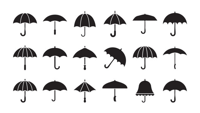 Set of various black umbrella icons and silhouettes for weather and protection