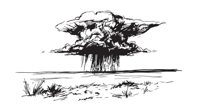 Hand-drawn sketch illustration of a mushroom cloud from an atomic explosion over a barren landscape