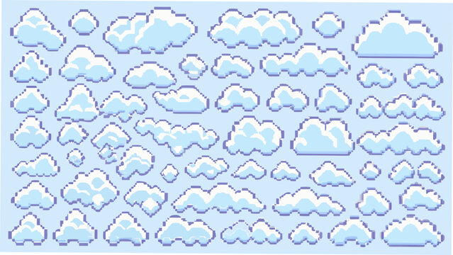 Pixelated clouds pattern with a light blue background showcasing a variety of cloud shapes