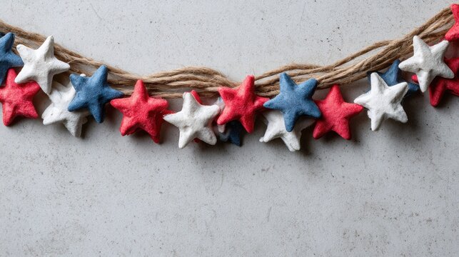 Star garland spans the upper portion of a textured gray surface with red, white, and blue accents on a simple twine string.